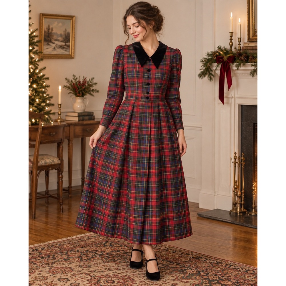 VTG Miss Dorby Red Tartan Dress 14 Velvet Accent Dark Academia Cottage Holiday